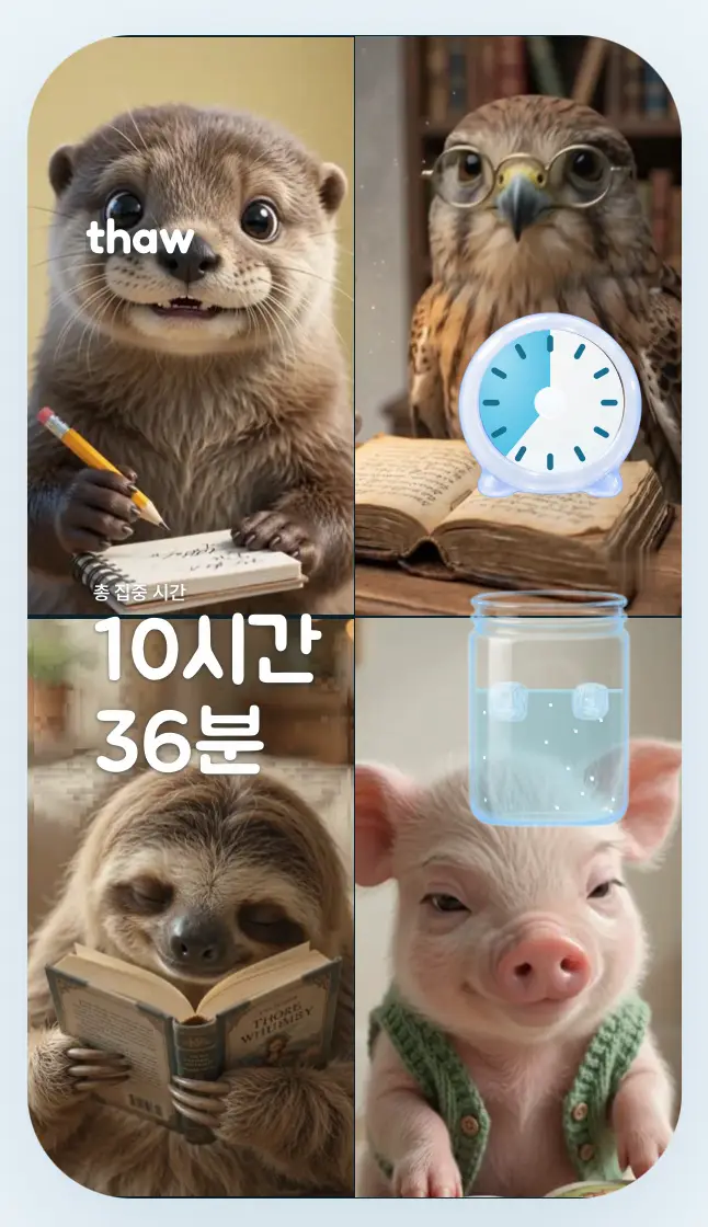 따의 완성 영상 예시. 수달, 황조롱이, 나무늘보, 아기돼지가 각자 공부하는 네 칸 장면 위에 총 집중 시간 10시간 36분, 타이머, 물이 차오른 병과 thaw 표시가 얹혀 있다